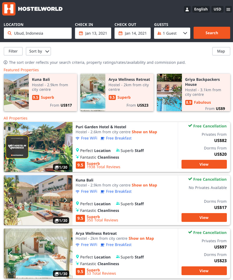 lista de albergues disponibles en Ubud, Bali, del sitio web Hostelworld - captura de pantalla