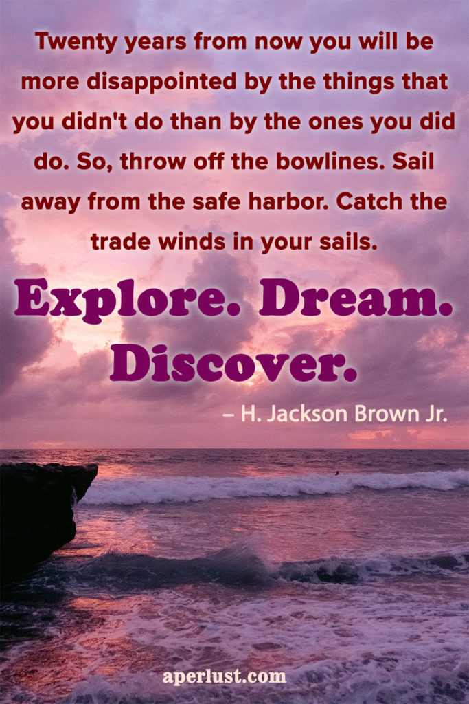 "Twenty years from now you will be more disappointed by the things that you didn't do than by the ones you did do. So, throw off the bowlines. Sail away from the safe harbor. Catch the trade winds in your sails. Explore. Dream. Discover." – H. Jackson Brown Jr.
