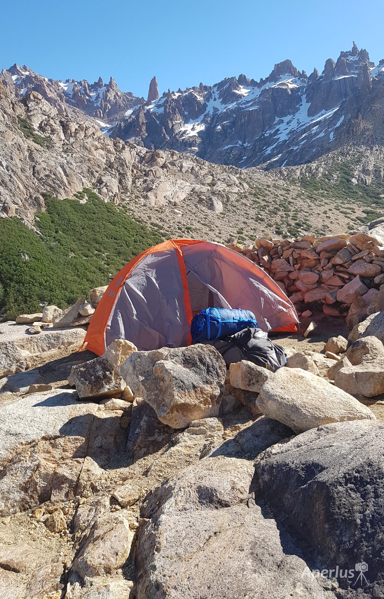 1-person tent in Patagonia, Argentina with sleeping bag and backpacking backpack in the foreground