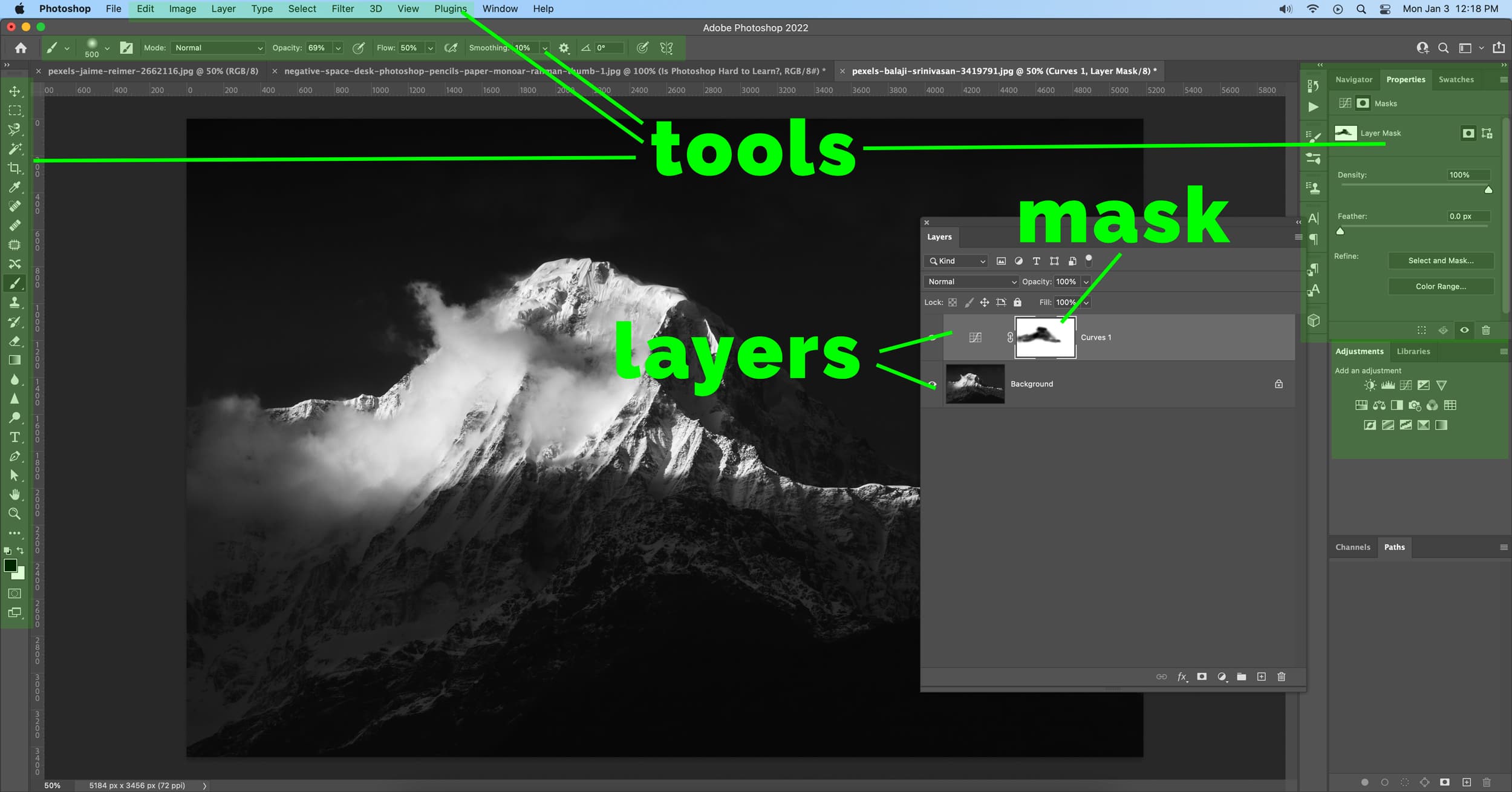 Screenshot showing why Photoshop is difficult to learn: tools, layers, mask.
