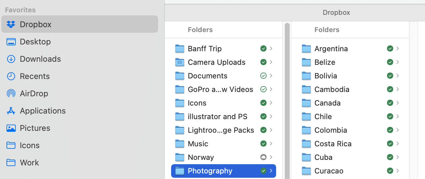 Dropbox cloud storage file setup for photos on macOS