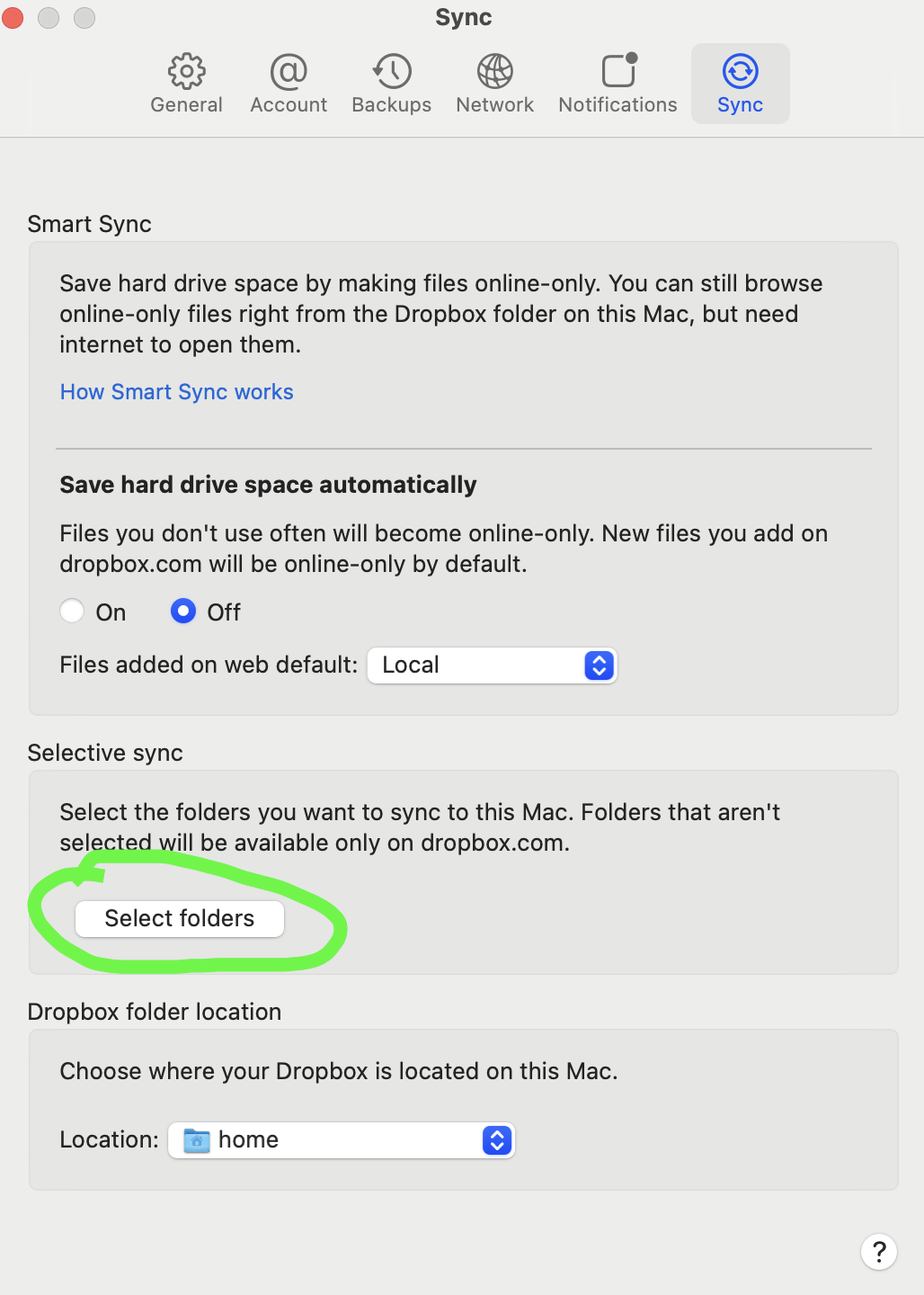dropbox sync options macOS