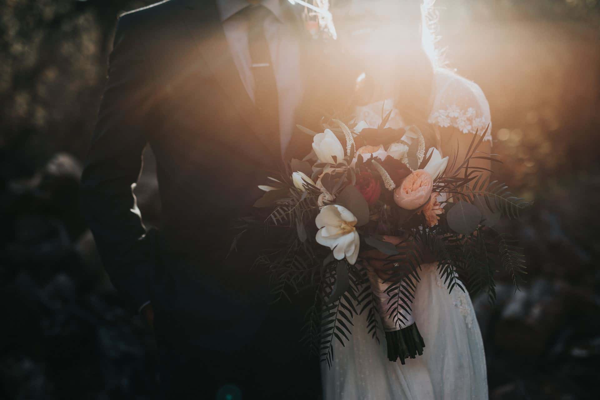 wedding bride and groom with sunlight
