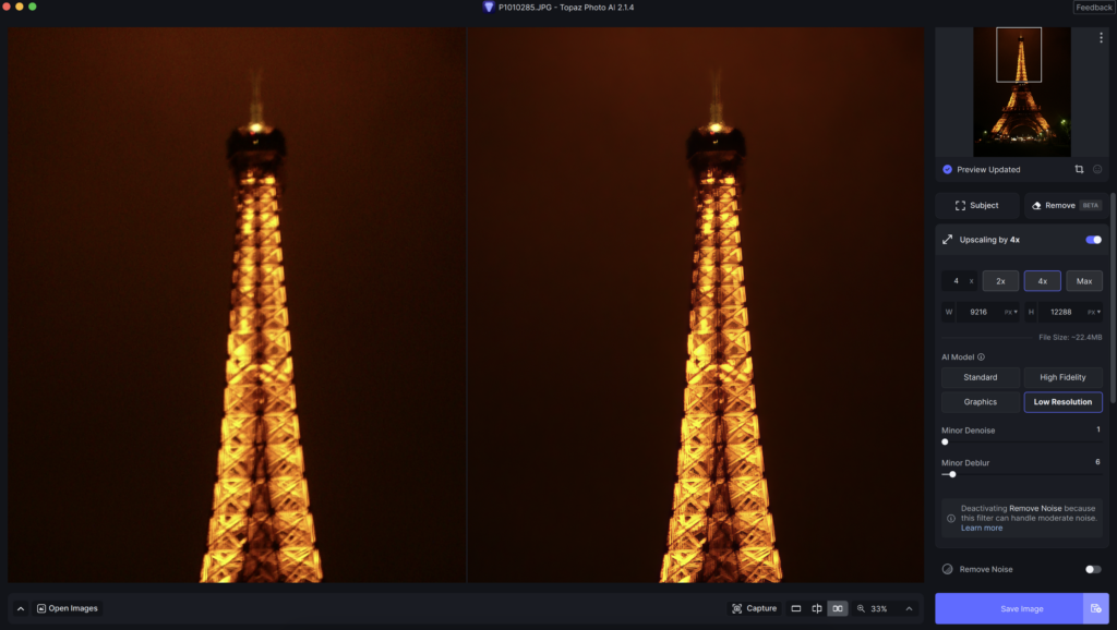 Photo AI zoomed in upscaling Paris, France